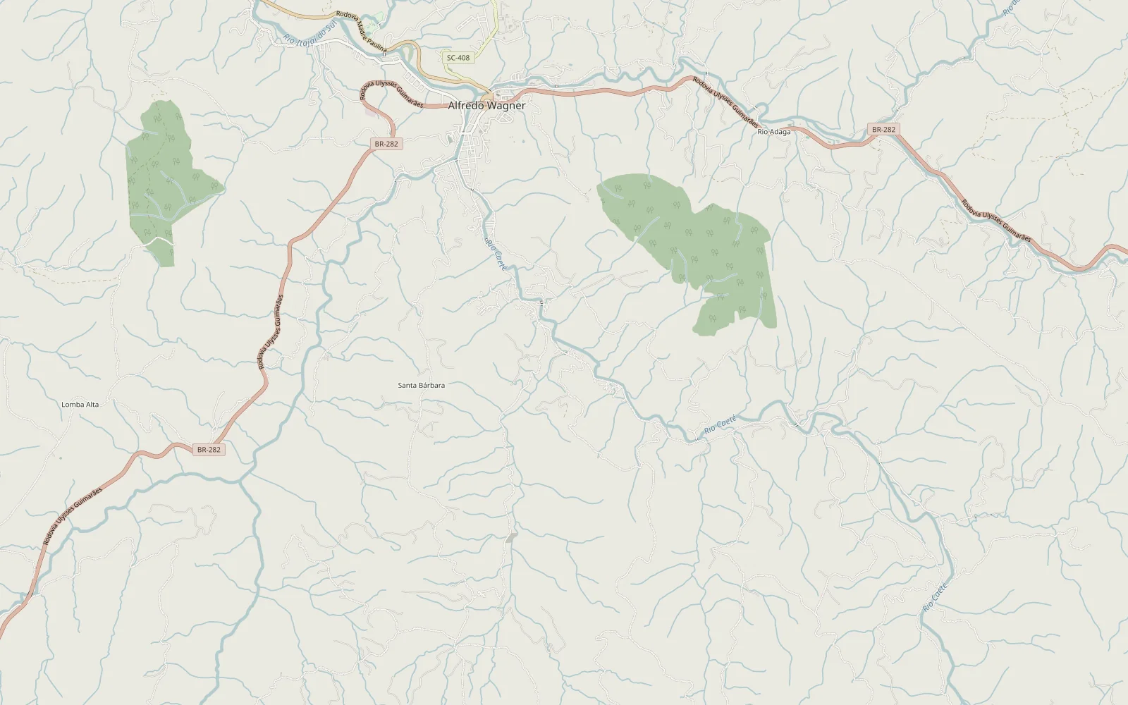 Mapa de Alfredo Wagner com a localização do Arroio do Leão, ao sul do centro, perto do Rio Caeté